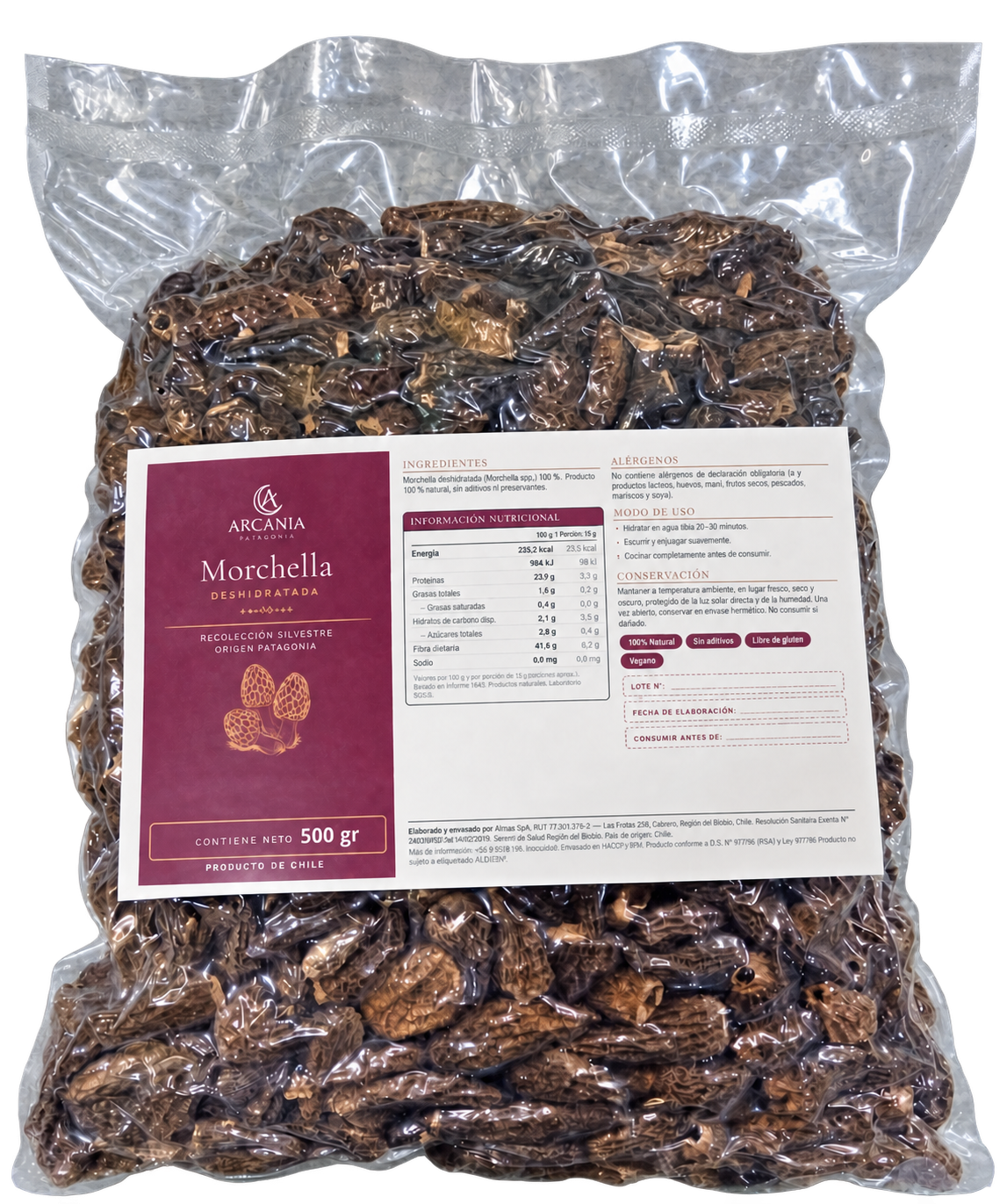 Envase Arcania de morchella deshidratada de 500 gramos